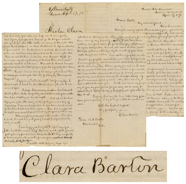 Clara Barton Autograph Letter Signed Regarding POW Dorence Atwater -- ''...I am neither a prophet, nor the daughter of a prophet, nevertheless, more than five years ago I made a prophecy...''